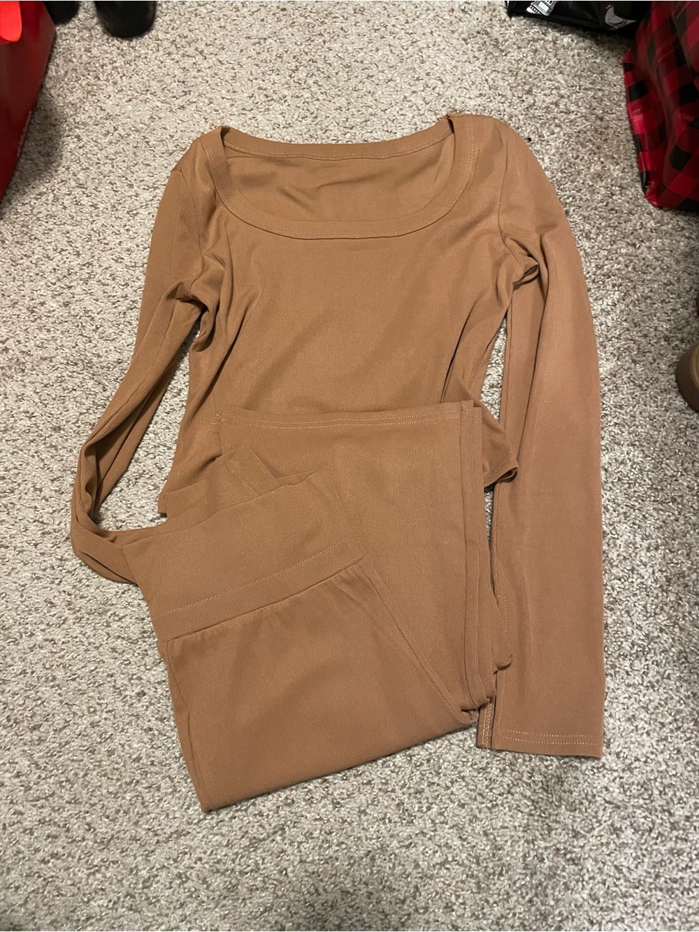 Women's Two-Piece Long Sleeve Crop Top & High-Waist Pants Set — Tan/Camel - Picture 5 of 5